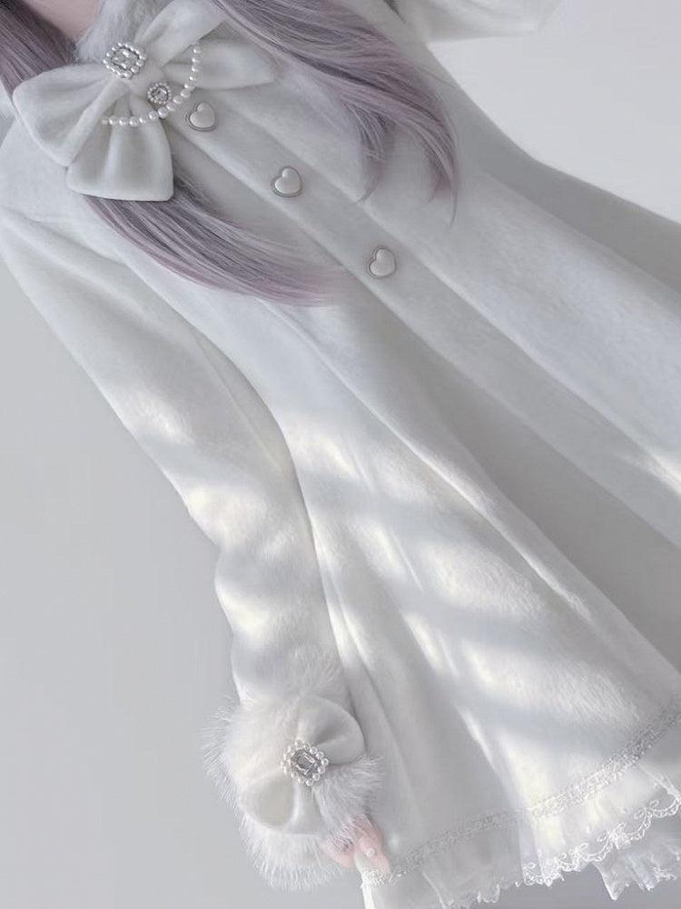 Jirai Kei White Wool Blend Coat with Detachable Bunny Hood | A-Line Winter Style