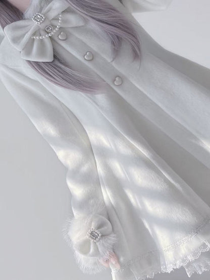 Jirai Kei White Wool Blend Coat with Detachable Bunny Hood | A-Line Winter Style