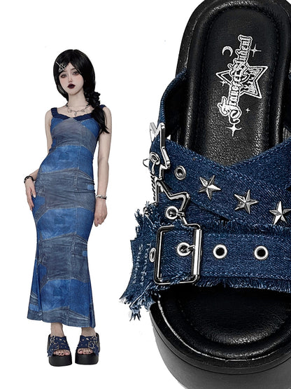 Star-shaped Buckles and Studs Blue Denim Punk Platform Slippers
