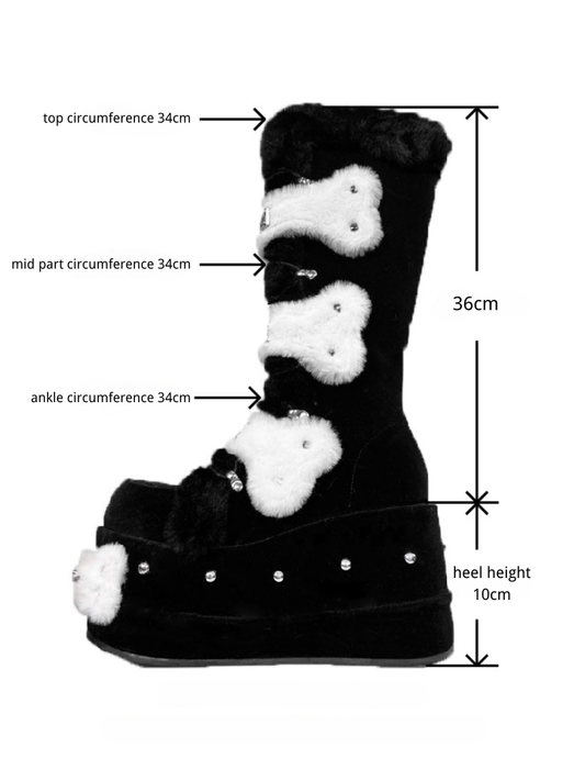 Black Velvet Platform Boots with Cute White Plush Bones Y2K Shoes