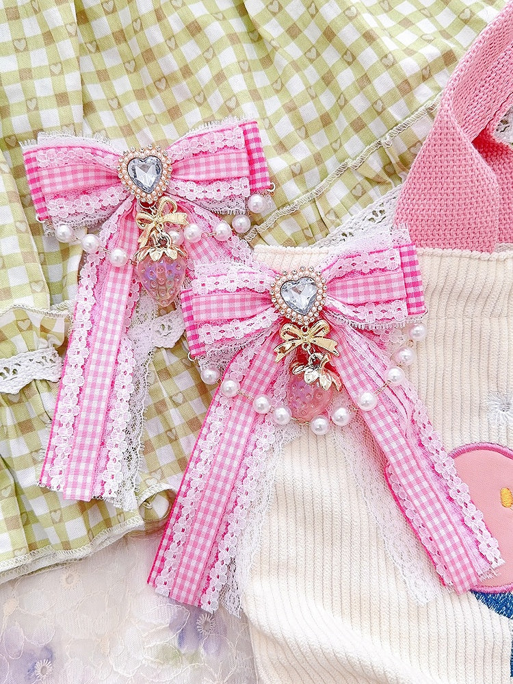 4 Color Options Plaid Pattern Strawberry And Beaded Charm Rhinestone Heart Decorated Hairclips