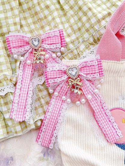 4 Color Options Plaid Pattern Strawberry And Beaded Charm Rhinestone Heart Decorated Hairclips