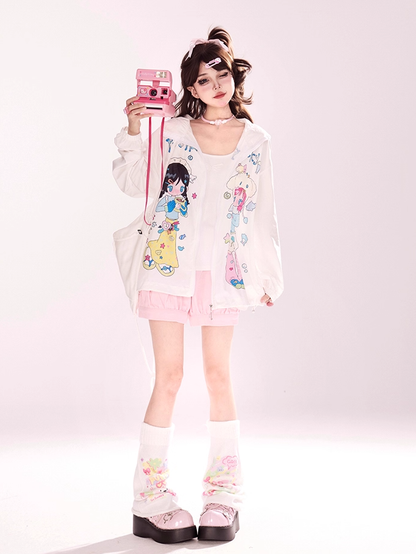 Y2K Cartoon Girl Print White Zip-up Hooded Jacket