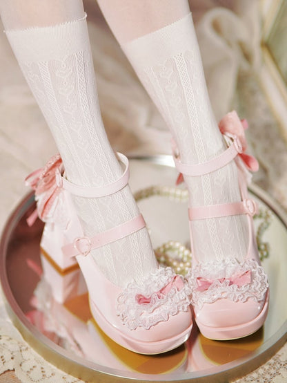 Pink Knotted Bow at Top Lace Trim Heart Buckles High Block Heels