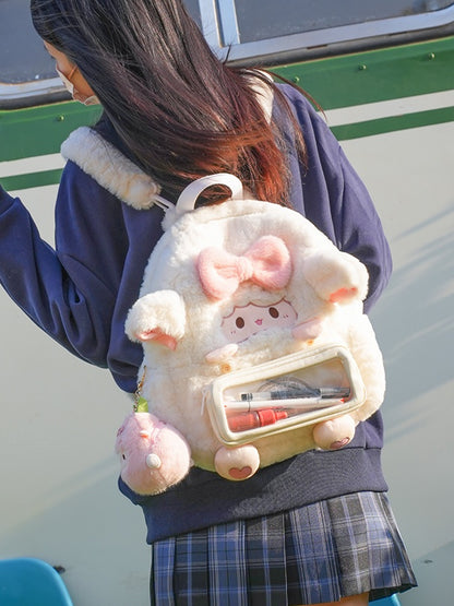 White Lamb-shaped Bowknot Heart Plush Backpack With A Detachable Pencil Case