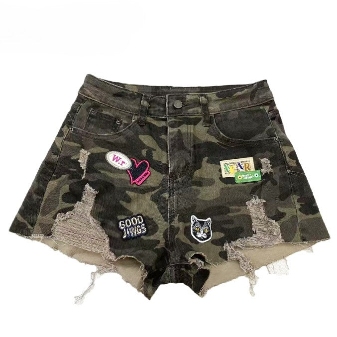 Army Green Y2K Camo Pattern Denim Shorts