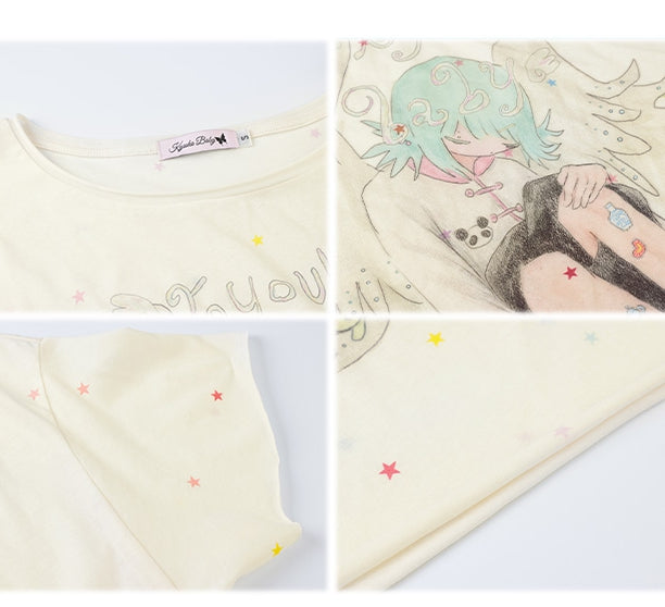 Cartoon Angel Print Apricot Round Neck T-shirt