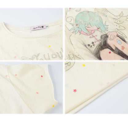 Cartoon Angel Print Apricot Round Neck T-shirt