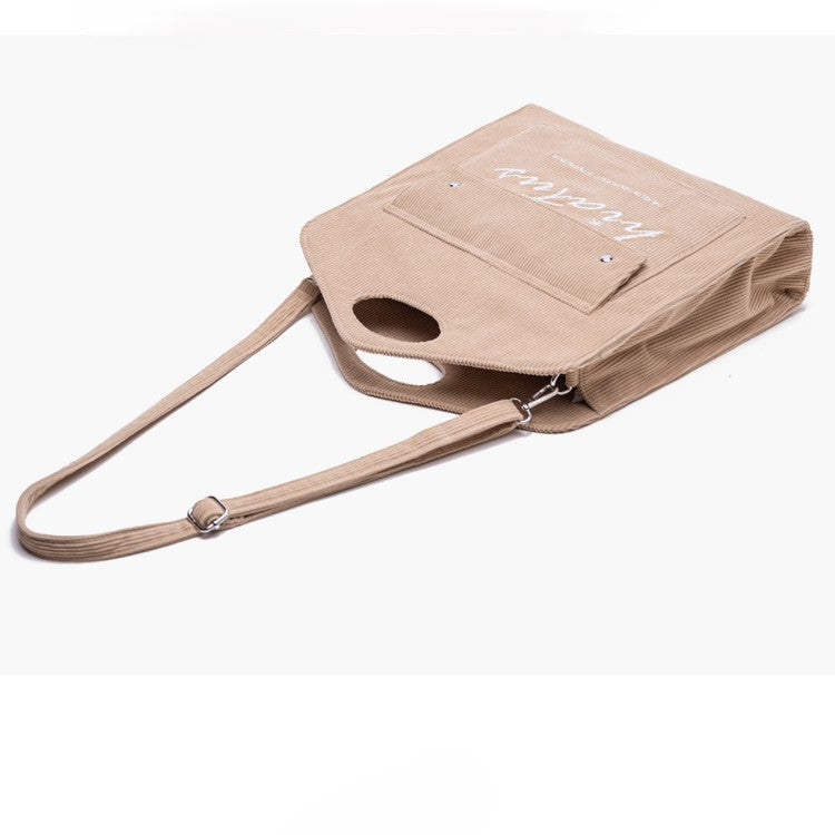Brown Corduroy Tote Bag: Large Capacity & Lightweight With Embroidered Lettering