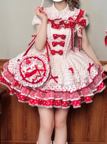 White and Red Strawberry Cake Embroidery Round Bag