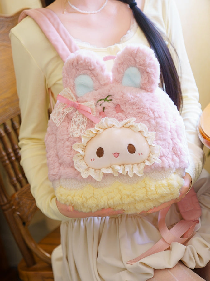 Pink&Yellow Cute Bowknot Decorated Plush Rabbit Backpack