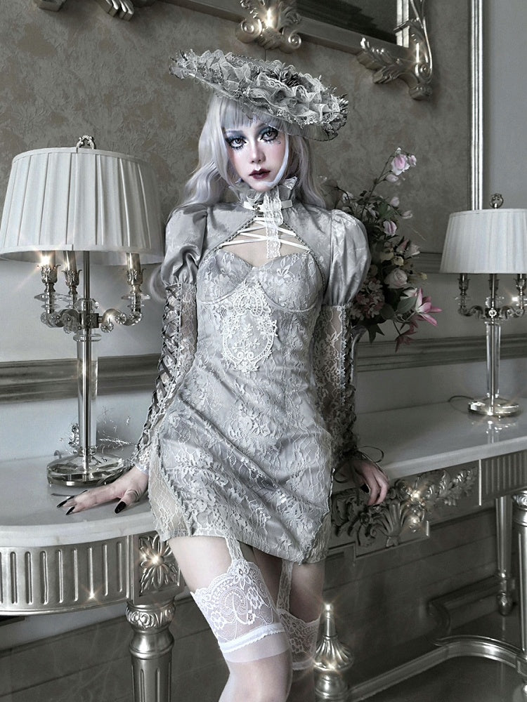 Clearance - Size M for Shoulders 32CM Rose Funeral Gothic Stand Collar Long Sleeves Cropped Jacket
