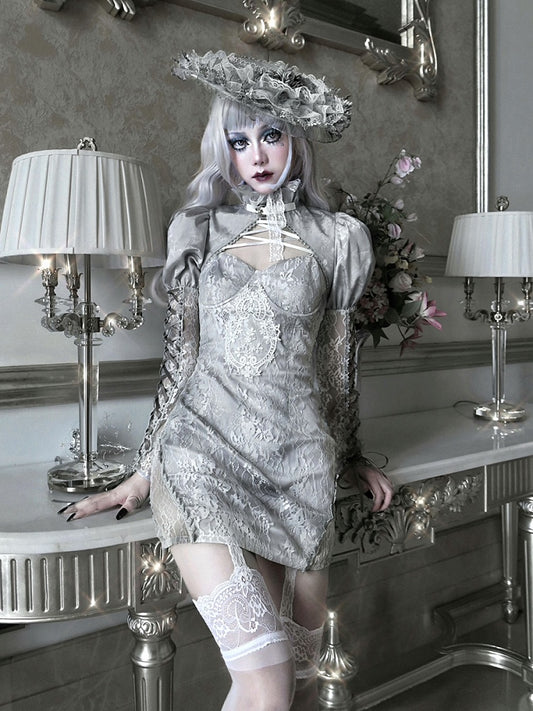 Clearance - Size M for Shoulders 32CM Rose Funeral Gothic Stand Collar Long Sleeves Cropped Jacket