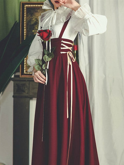 Wine Red Vintage Long Skirt with Side Lace-up and Shoulder Straps