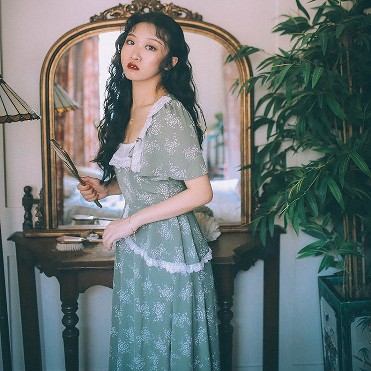 Blackberry and Laurel Vintage Lace Square Neckline SHort Sleeves Long Dress