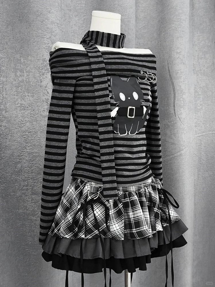 Y2K Black and White Plaid Tiered Skirt Bowknots Decoration