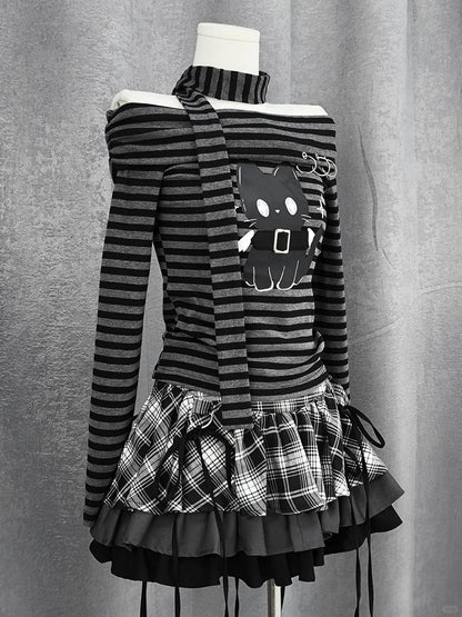 Y2K Black and White Plaid Tiered Skirt Bowknots Decoration