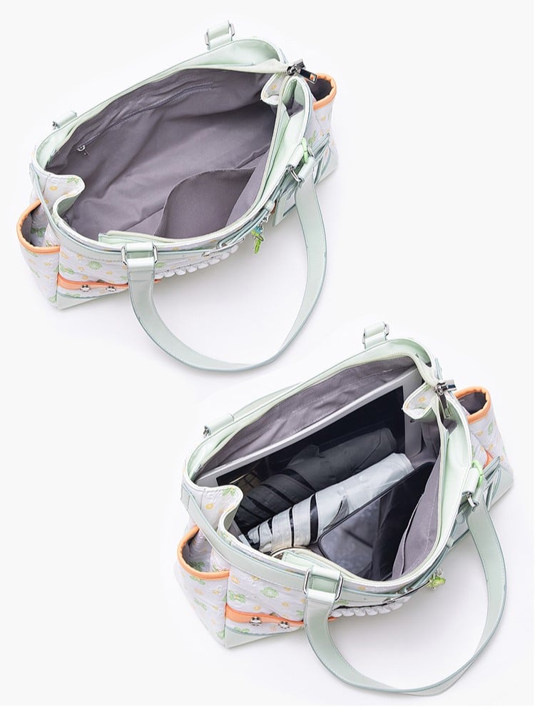 Green & White Clover-Themed Large Capacity Tote Ita Bag with Strap Accents And Detachable Ita Card Holder