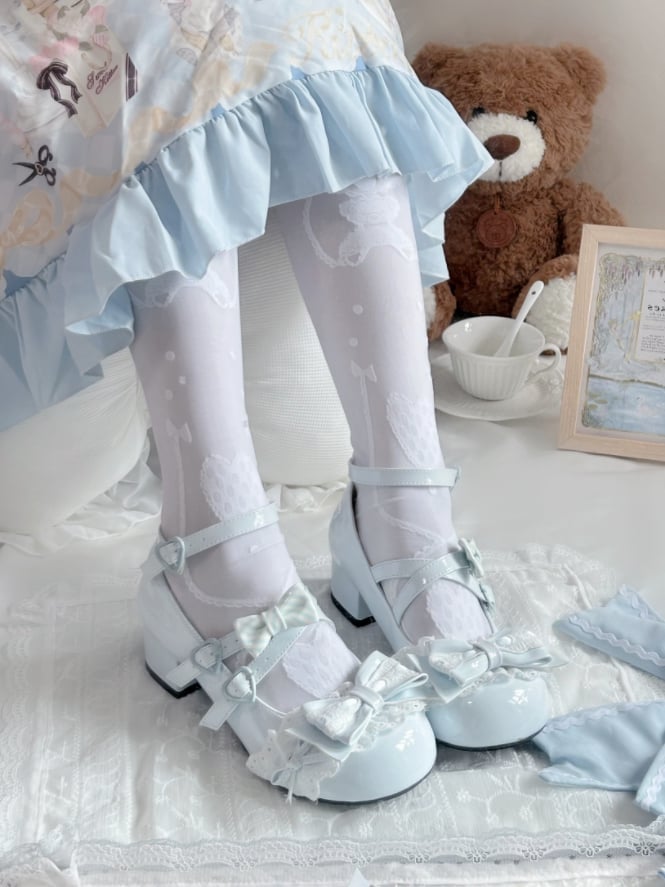 Round Toe Sweet Lolita Baby Blue Mid-heel Mary Janes in PU - Lace Trim, Bow Accents & Crisscross Design