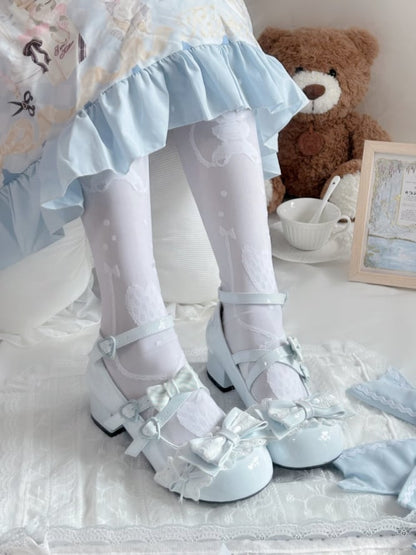 Round Toe Sweet Lolita Baby Blue Mid-heel Mary Janes in PU - Lace Trim, Bow Accents & Crisscross Design