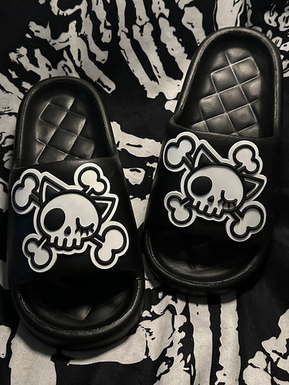 Black and White Gothic Skeleton Applique Summer Slippers