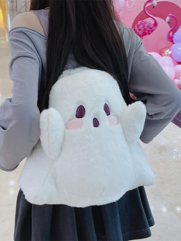 White Ghost-shaped Fleece Backpack With Taro Purple Straps