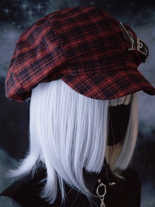 Black And Red Plaid Pattern With Buckle Pins Details Beret