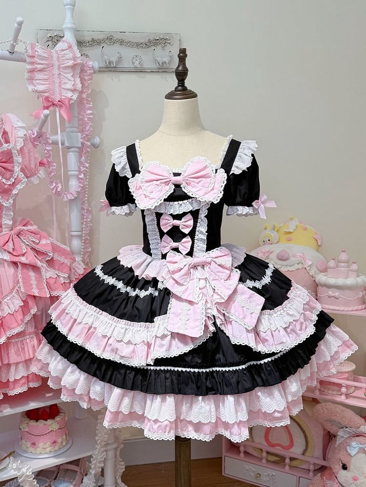 Black and Pink Sweet Bow Accents Short Sleeves Dress Lolita One Piece
