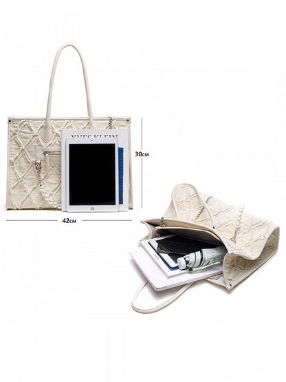 Elegant Blue Quilted Tote Bag With Beaded Chain Accent -Spacious Design