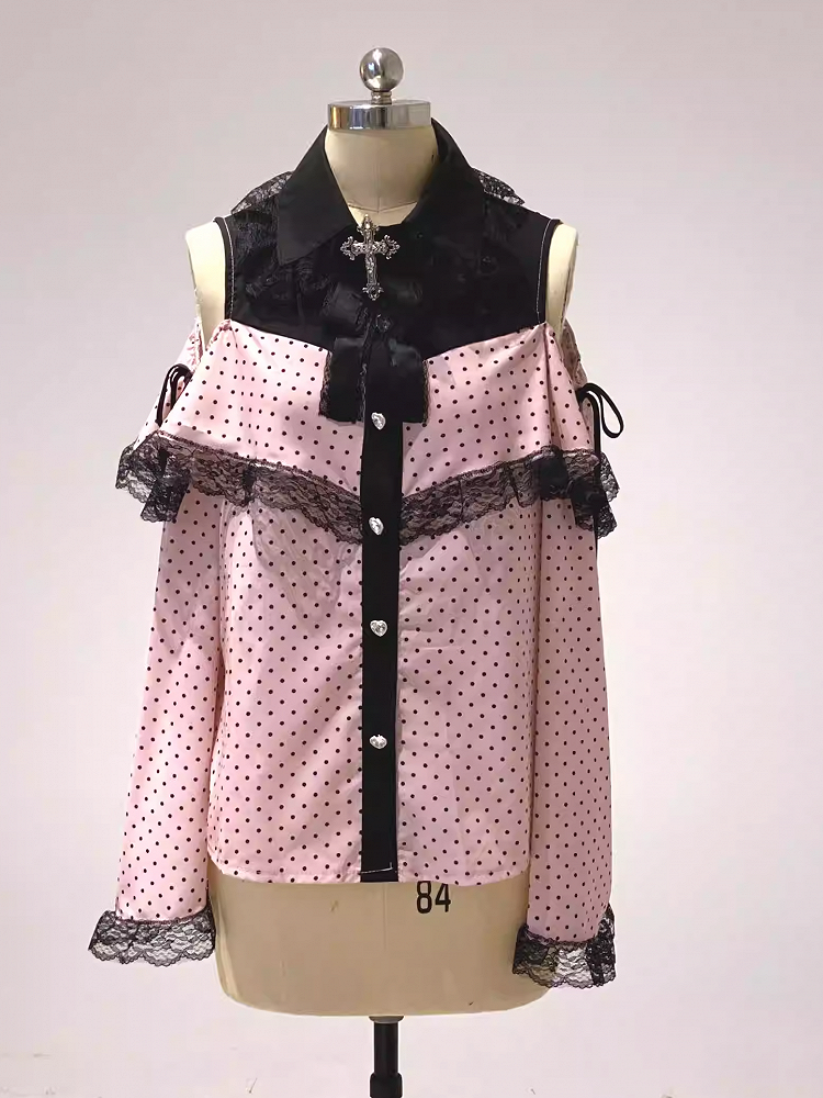 Jirai Kei White / Pink Polka-dot Blouse | Bell Sleeves, Cut-Out Shoulder with Drawstring & Heart Buttons