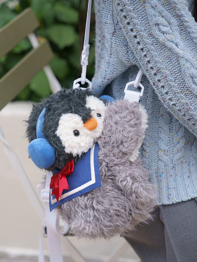 Gray Cute Penguin Plush Backpack/Crossbody Bag + Blue Hat + Sailor Collar Middle/Large Size