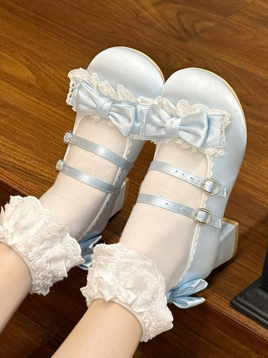 Blue Sweet Lolita Mid-heel Shoes - Round Toe with Ruffle Lace, Bow Decor & Paired Buckles