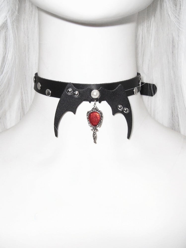 Black/White/Red Stud Detail Bat Wings Design Punk Choker