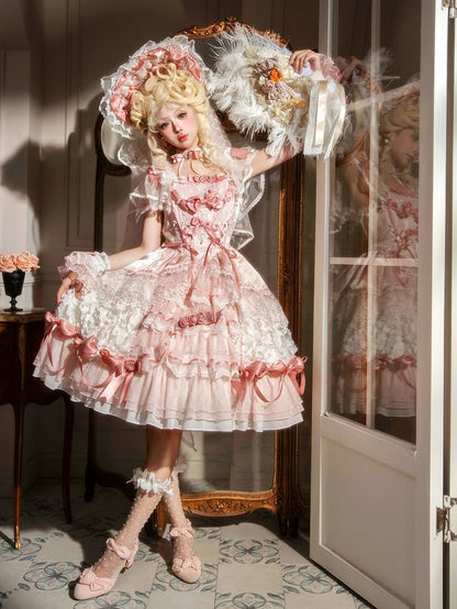 Pink Hanayome Lolita Hime Dress with Corset Waist and Rose Bow Accents Short Version