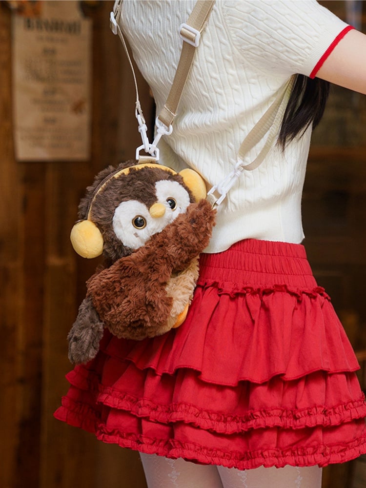 Brown Cute Plush Owl Backpack/Crossbody Bag+ Keychain