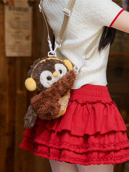 Brown Cute Plush Owl Backpack/Crossbody Bag+ Keychain