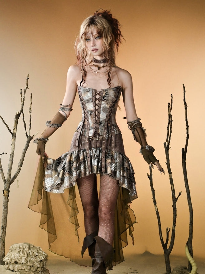Brown Wasteland Punk Snakeskin Pattern High-low Design Tiered Skirt