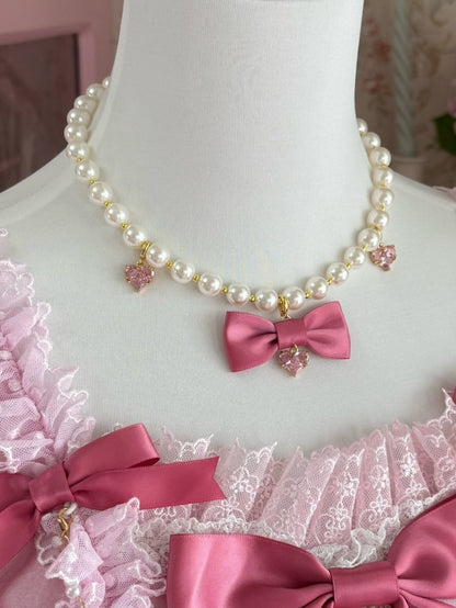 Pink/Wine Red Heart And Bowknot Pendant Beaded Neckalce