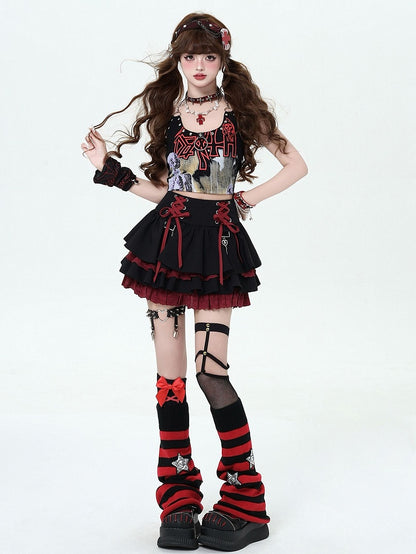 Lace-up Details at Waist Y2K Black and Red Punk Rock Tiered Skirt