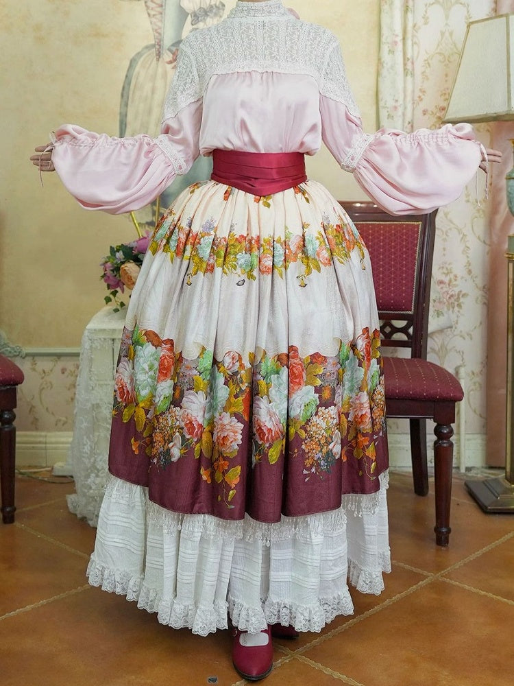 Historical Full Set- Pink Blouse + Wine Red Crystal Tassel Floral Skirt + Red Wide Belt