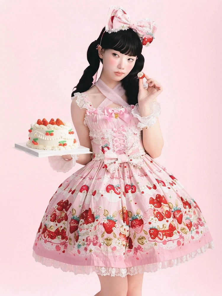 Strawberry Cake Print Pink Sweet Lolita Jumper Skirt