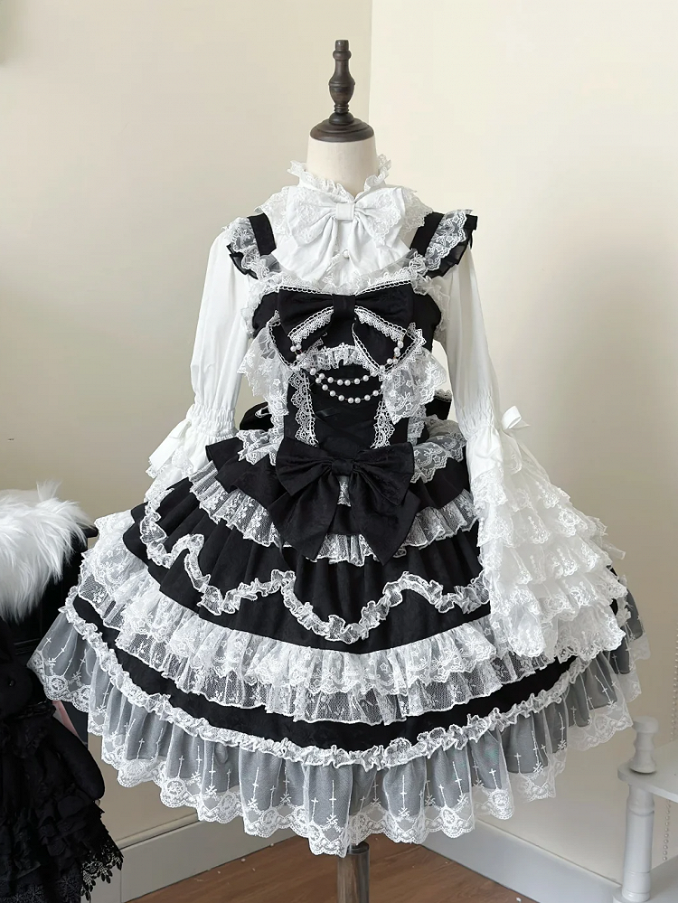 White Lace Trims Black Bows Decorated Hanayome Dress Lolita Jumper Skirt
