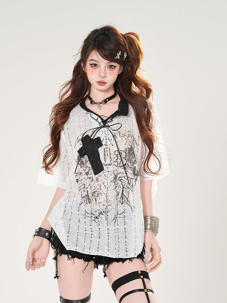 White/Black Lace-up Neckline Cross Applique Distressed Holes Graphic T-shirt