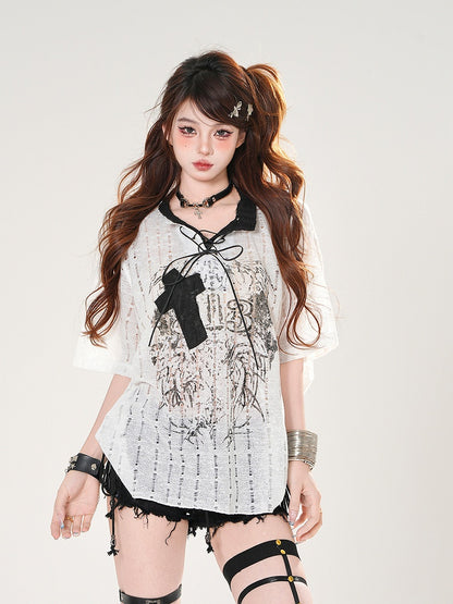 White/Black Lace-up Neckline Cross Applique Distressed Holes Graphic T-shirt