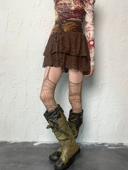 Brown/Black/Gray/White/Red Wasteland Punk Hollow-out Design Suspender Stockings