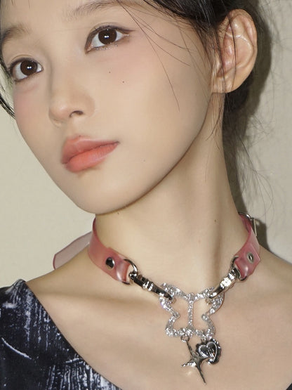Black/Pink Star and Heart Gothic Punk Butterfly Choker