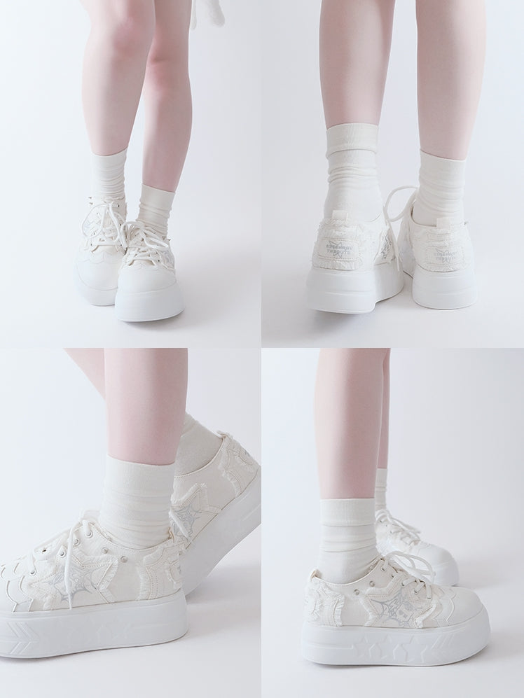 White Y2K Star Applique Platform Sneakers
