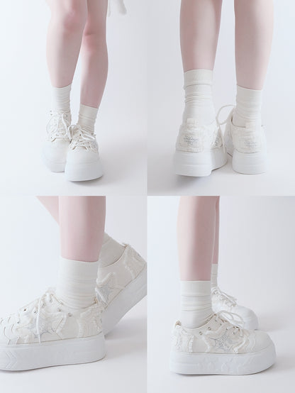 White Y2K Star Applique Platform Sneakers
