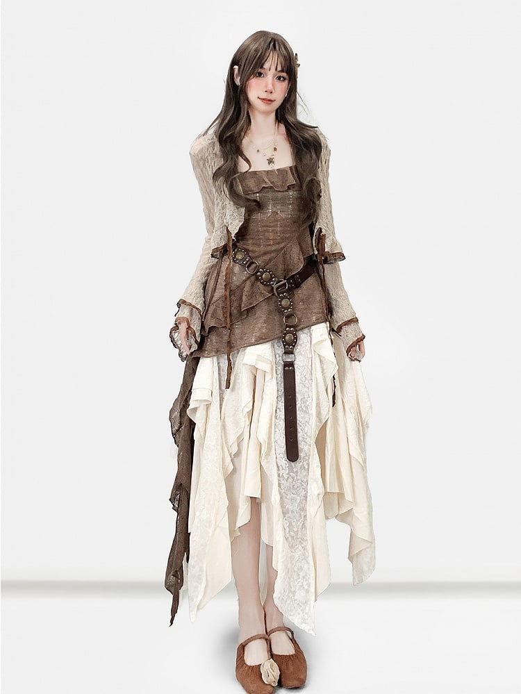 Brown Millard Fashion Asymmetrical Hem Cami Dress + Bell Sleeves Cardigan + White Asymmetrical Hem Skirt