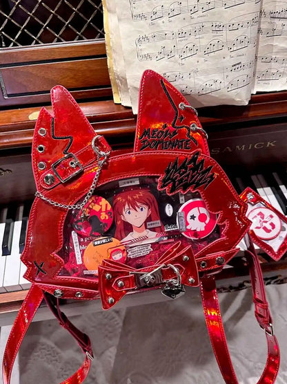 Bold Red Punk Cat Polished PU Tote Ita Bag with Free Card Holder